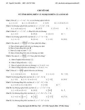 Câu hỏi trắc nghiệm Giải tích 12 - Tính đồng biến và nghịch biến của hàm số - Nguyễn Văn Hiếu